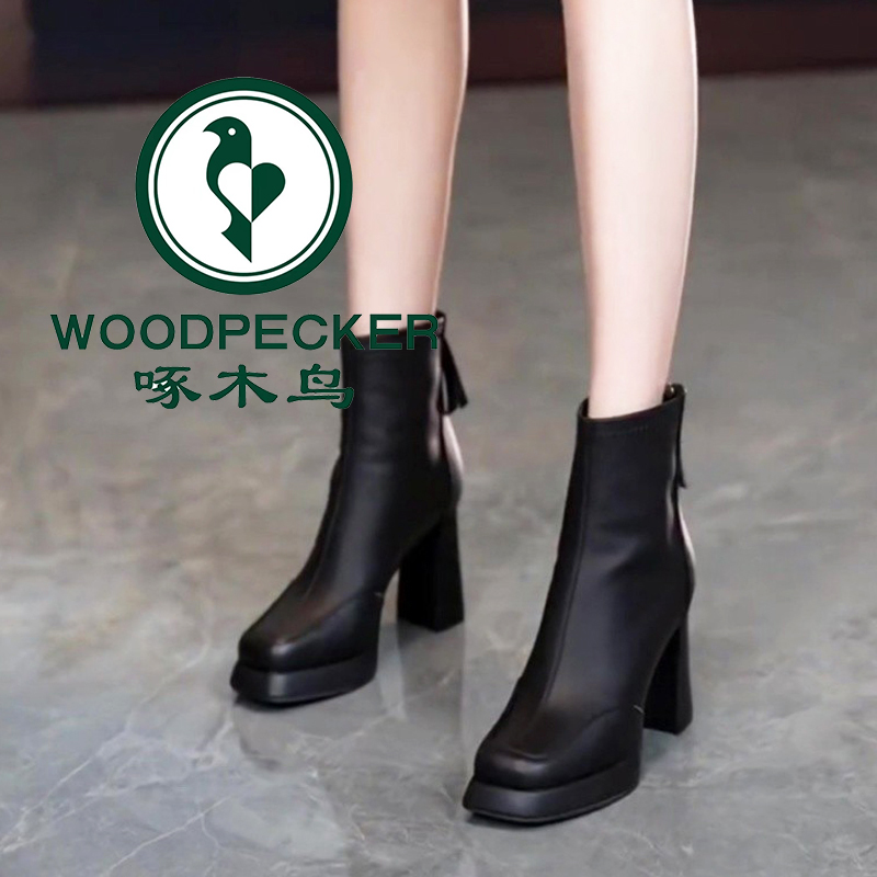 啄木鸟方头高跟短靴女2025年秋冬季新款粗跟百搭气质马丁靴时装靴