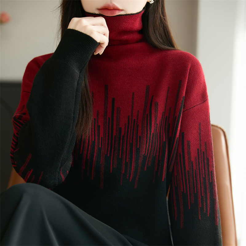 法式设计感撞色渐变提花羊毛针织衫女宽松加厚保暖打底堆堆领毛衣