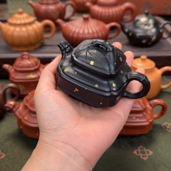 送****宜兴紫砂焐灰洒金四方竹鼓