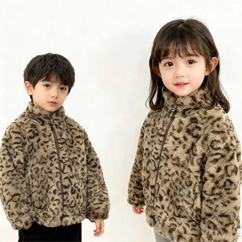 2025冬季豹纹加绒外套男女童秋冬厚款百搭洋气中大童