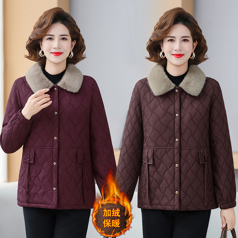 洋气妈妈装冬装方领加绒棉衣短款大码中老年女装厚款外套上衣保暖