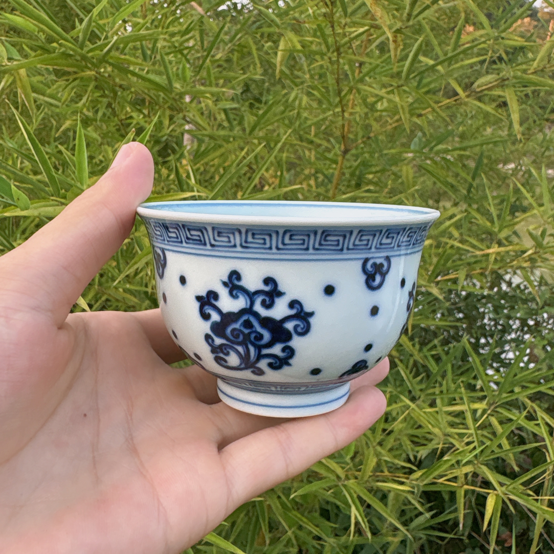 柴窑青花花卉主人杯茶杯