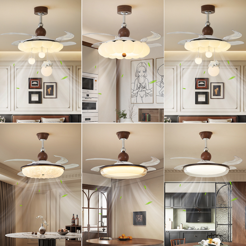 卧室隐形风扇灯中古奶油客厅书房餐厅全光谱电风扇吊灯一体吊扇灯