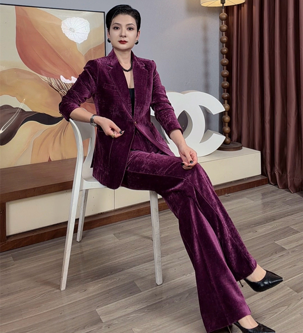 LG高定 冬款加厚高贵紫色修身西装微喇长裤套装