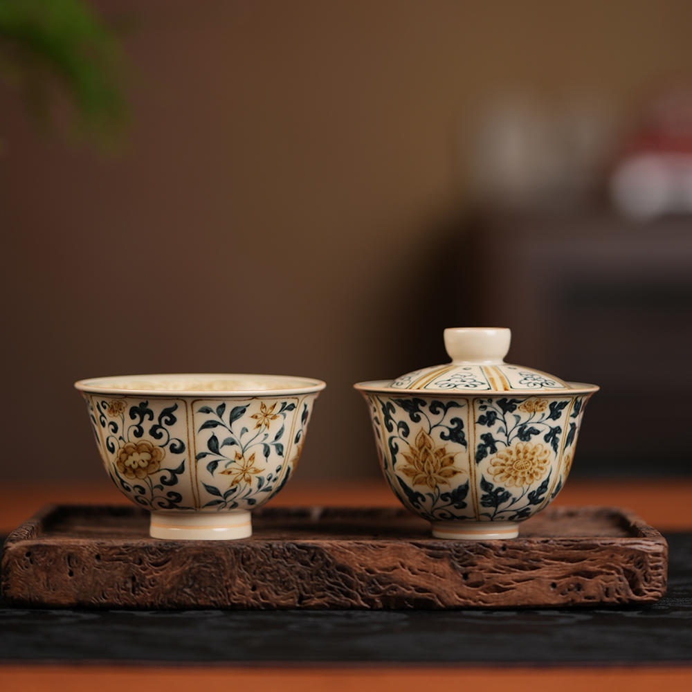 青花釉里金缠枝莲一碗一杯100cc手工纯手绘盖碗压手杯茶杯茶器