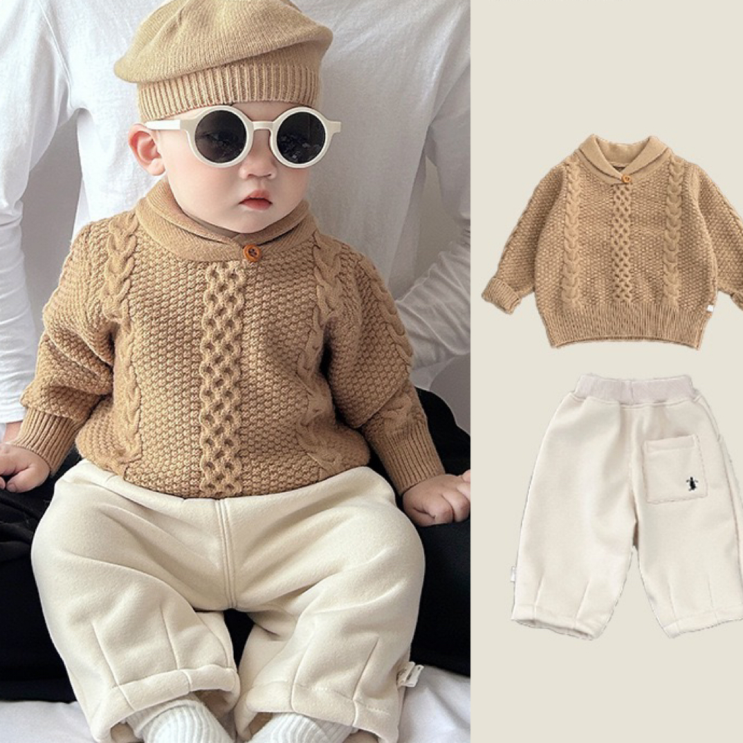 男童加厚毛衣套装秋冬季婴儿衣服时尚翻领针织衫宝宝保暖百搭裤子