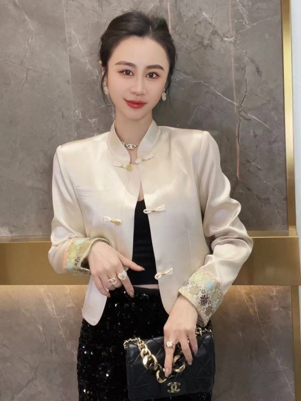 现货【花仙子】新中式醋酸修身袖口拼接显瘦春季短外套