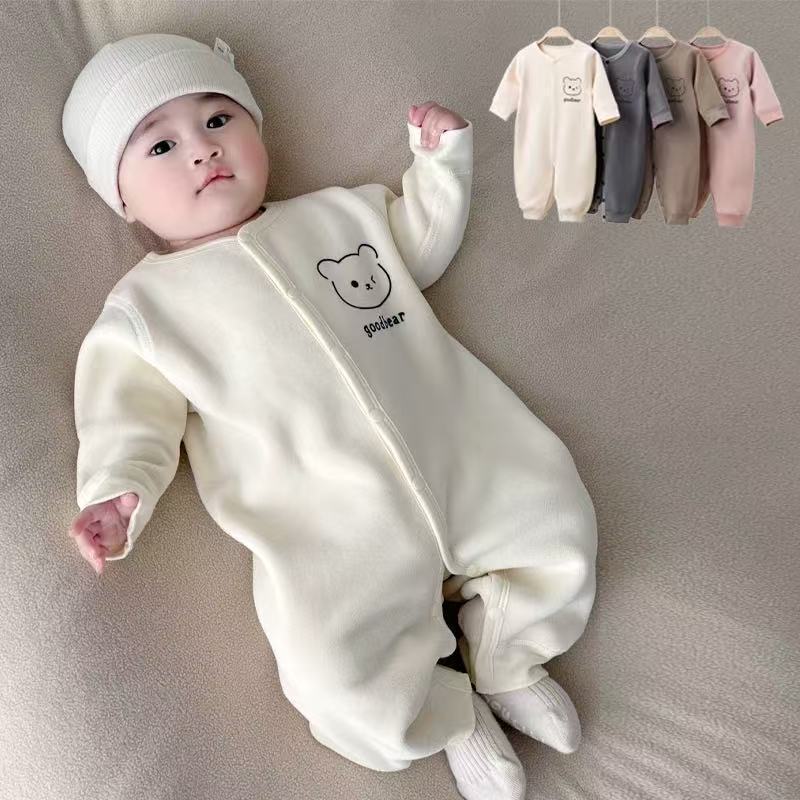 婴儿秋冬保暖连体衣宝宝加绒哈衣男女小童暖绒超萌外出服爬服睡衣