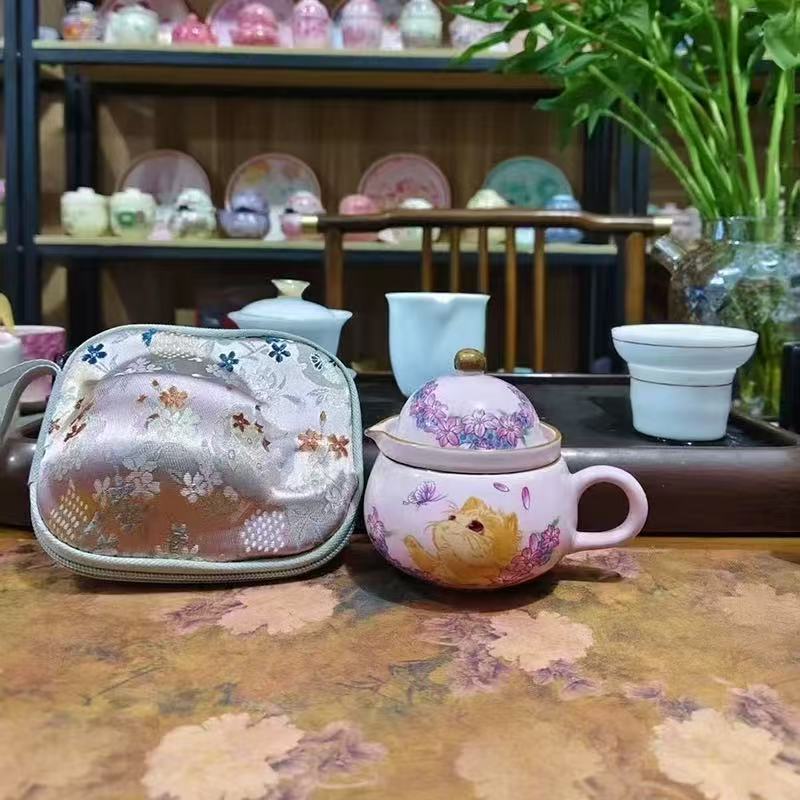 粉泥猫咪单人饮带刺绣包包1113