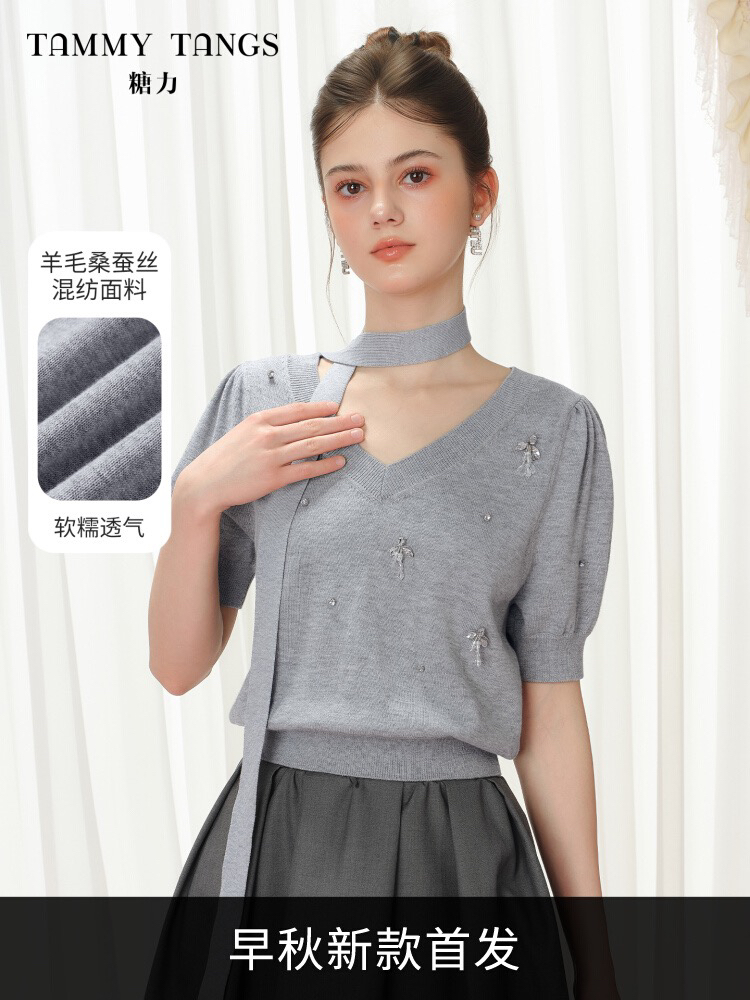 商场同款糖力 星钻飘带毛衫2025秋新款短袖套头O型针织衫上衣女