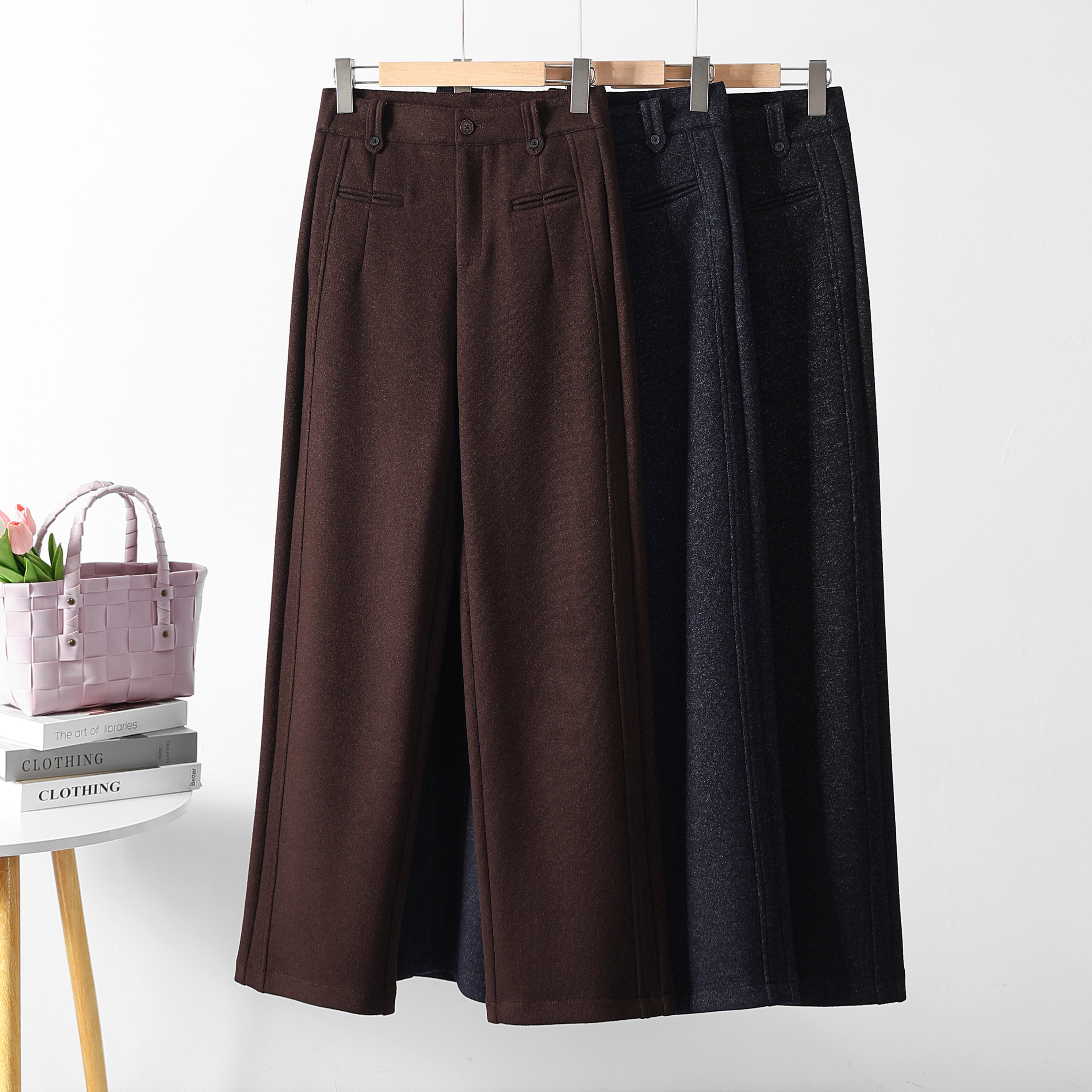 窄版阔腿裤女加肥加大天丝醋酸羊毛尼高腰显瘦加厚休闲直筒裤