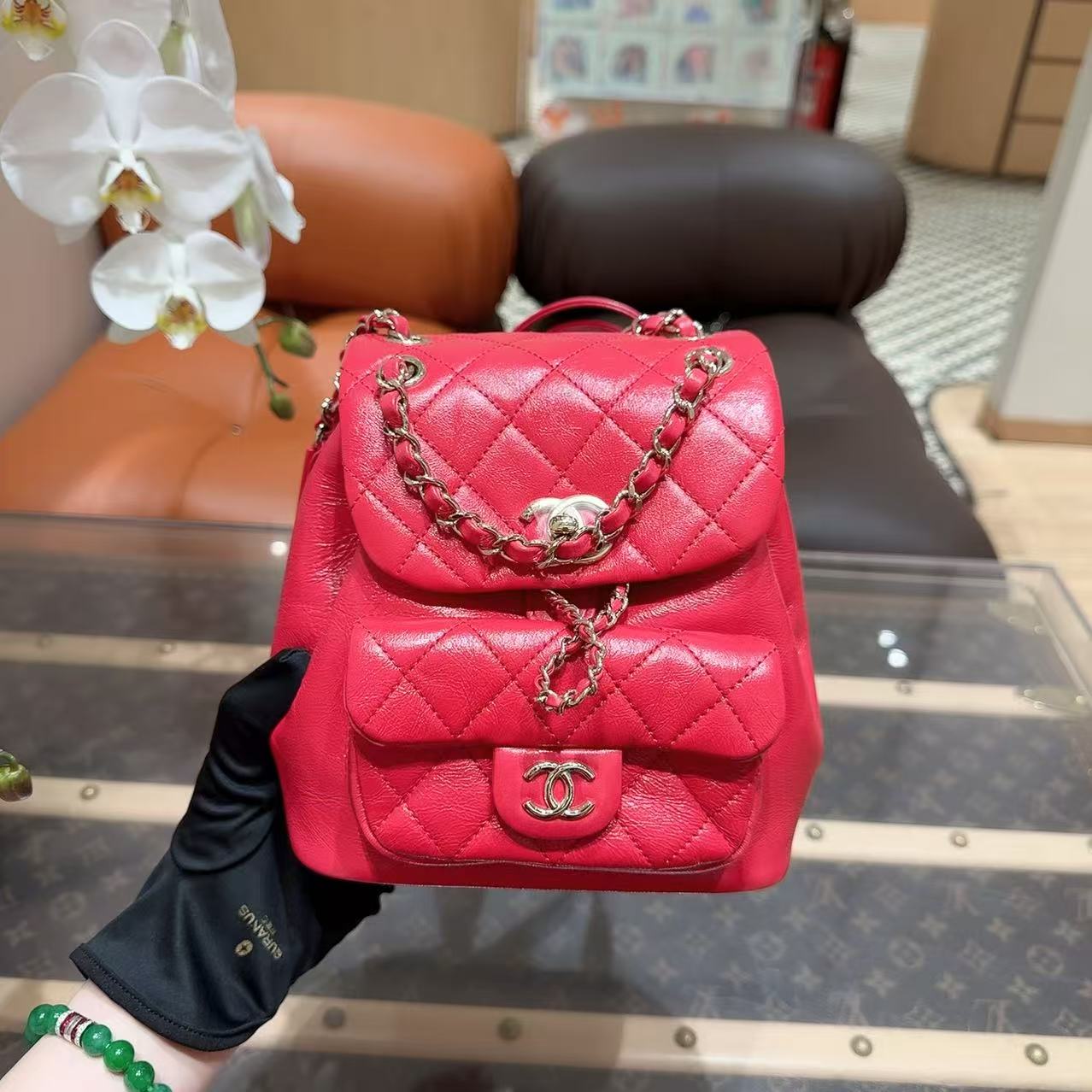 全新未使用 Chanel/香奈儿 22a 唇膏红duma羊皮双肩包芯片款