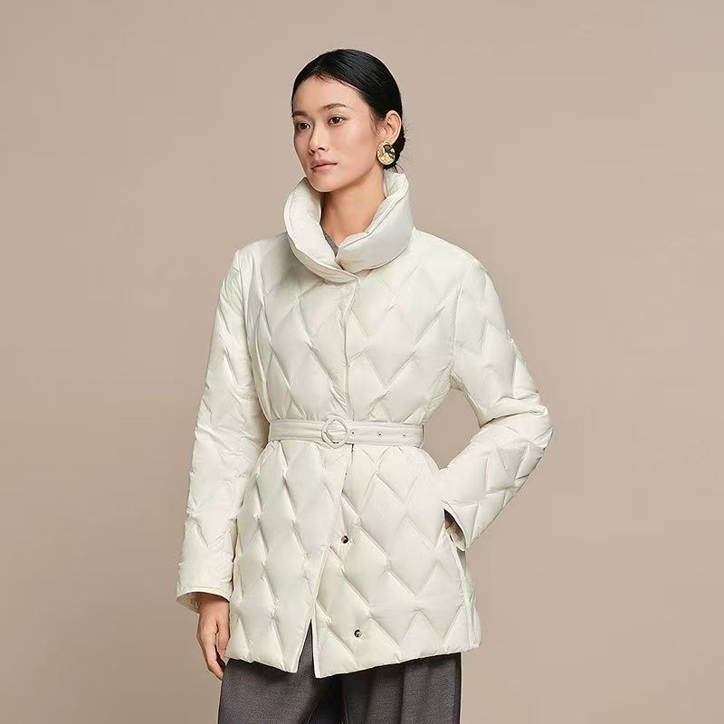 秋冬女款中长款棉服薄款品质时尚腰带休闲翻领轻薄冬外套QD85212