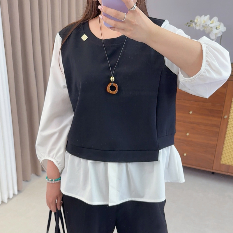 【霏霏专属】2025秋季大码女装新款时尚圆领撞色假两件上衣-9059