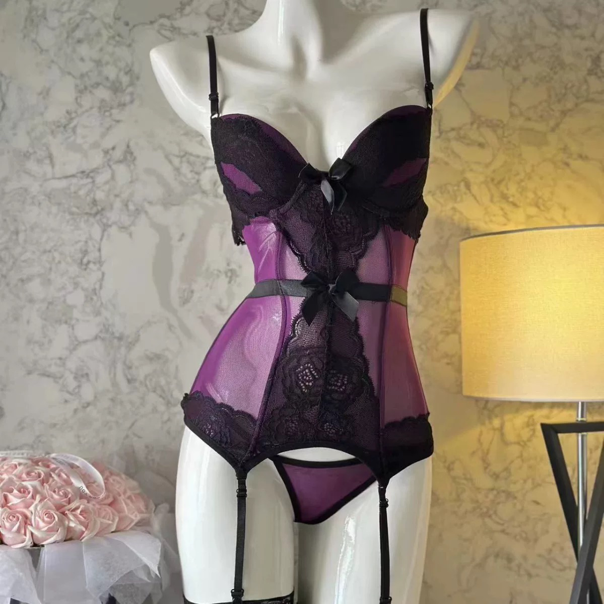 「脸红日记」御姐鱼骨束腰马甲蕾丝吊带袜网纱钢圈连体衣内搭吊带