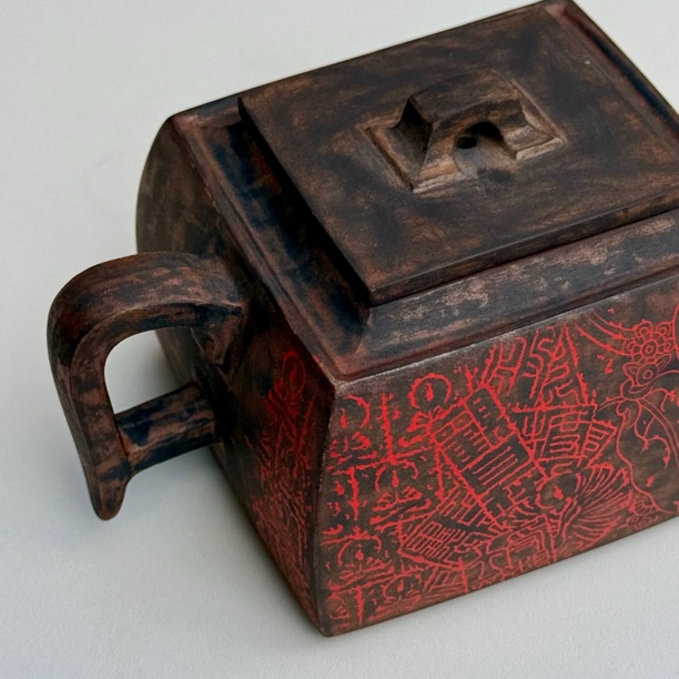 【陶点茶Yun】建水紫陶/冯习阳/四方壶/心经/阴刻阳填/手磨