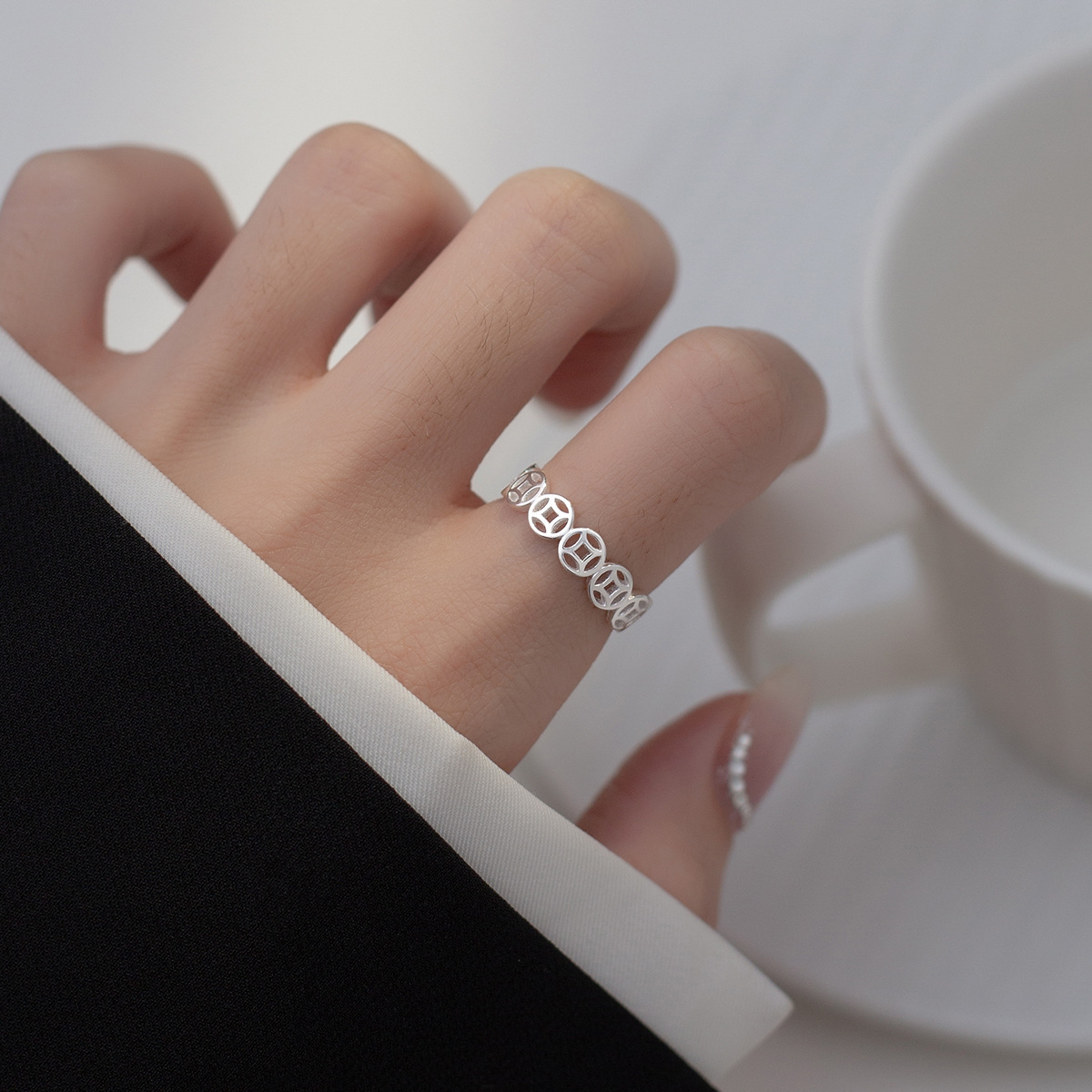 足银手镯 999.9日韩风简约小清新铜钱波纹戒指镂空国风气质设计感