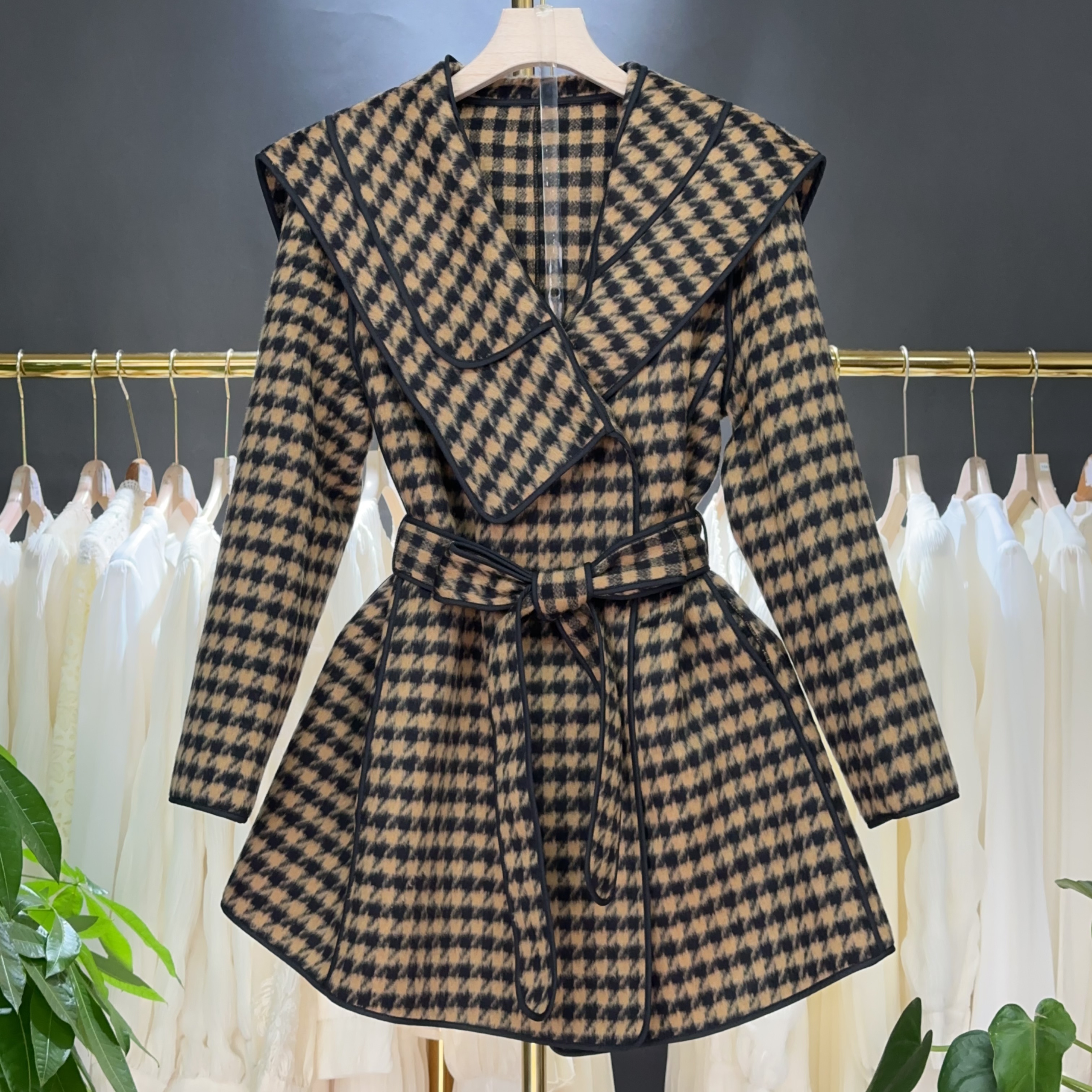 【A9154】气质海军领千鸟格毛呢外套女2025冬季新款系带大衣