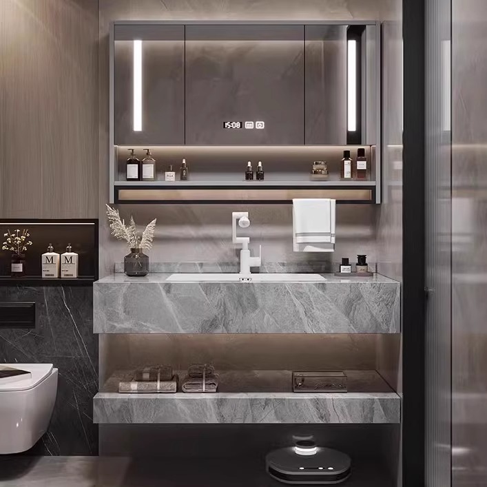 酒店风双层岩板无缝一体盆智能浴室柜组合洗手洗脸卫生间洗漱台池