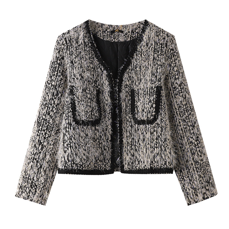 66058）大码小香风外套秋冬加厚夹棉高端轻奢花呢短款金丝毛上衣女