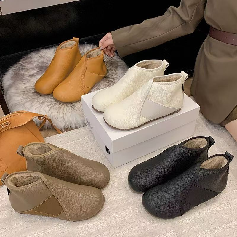 2025女鞋冬季秋冬新款加绒脚蹬保暖软底短靴平底百搭棉鞋