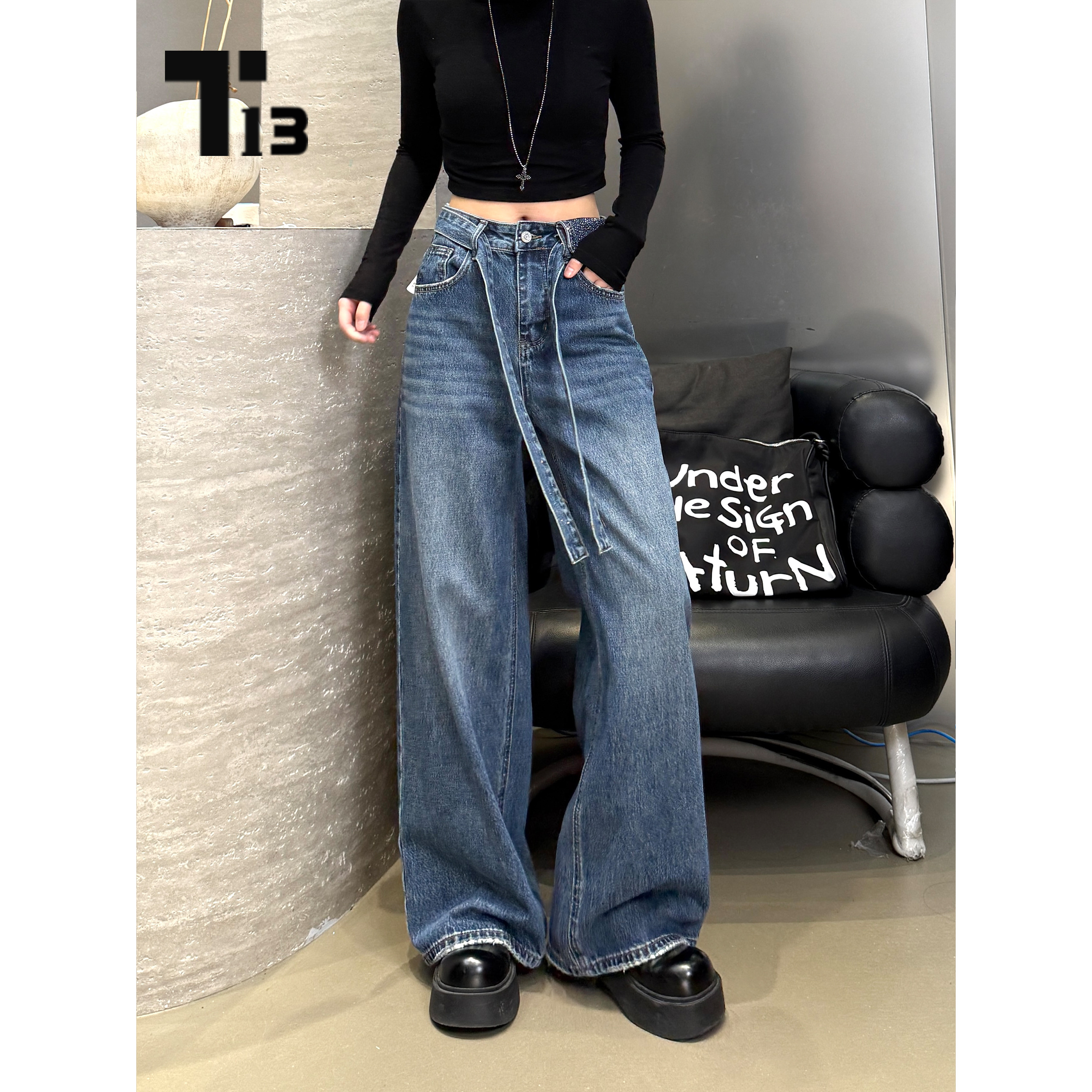 T13妮妮解构腰头【Z77330】新款宽松中高腰设计感显瘦牛仔裤