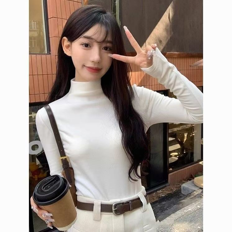 2025最新款修身保暖内搭长袖t恤上衣女半高领秋冬正肩百搭打底衫