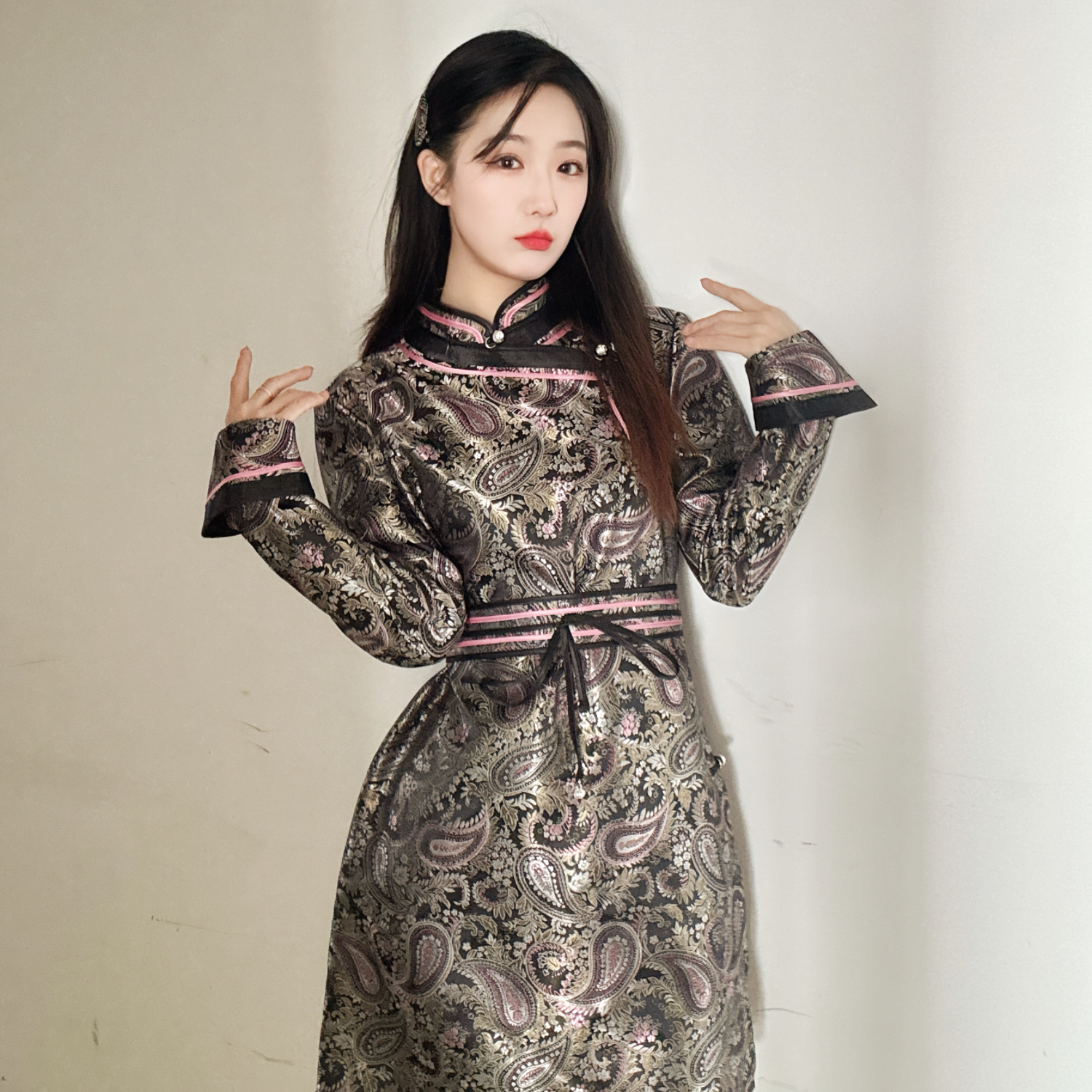 【AYILA】新年战袍｜花卉图案织锦缎袍女士改良中长款民族风连衣裙