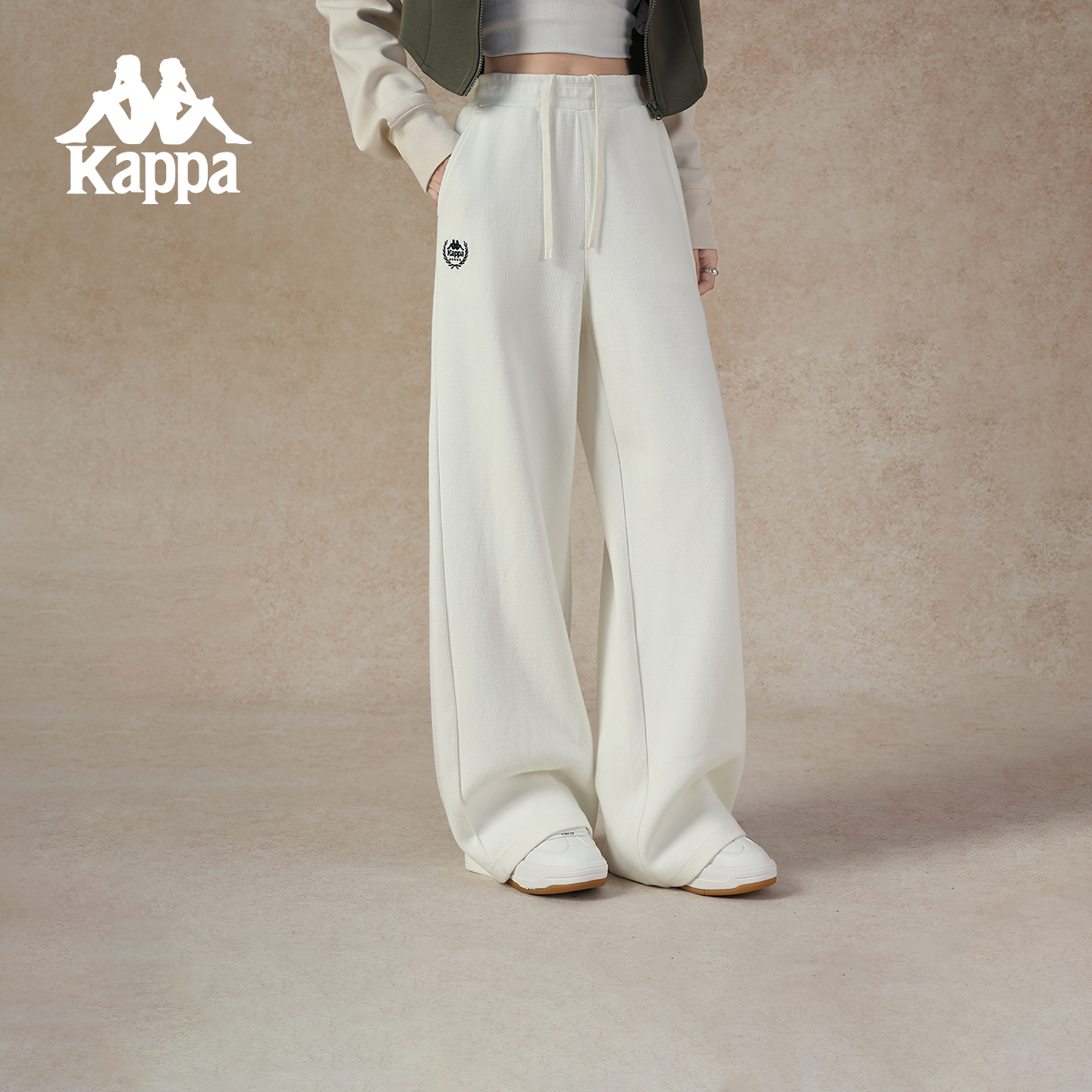 Kappa/卡帕品牌LOGO宽松女松紧带系带针织长裤休闲百搭高腰白色