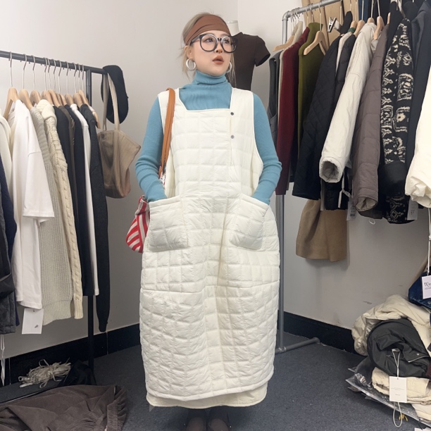 秋冬日系夹棉保暖纯色格子重工宽松背心裙女款