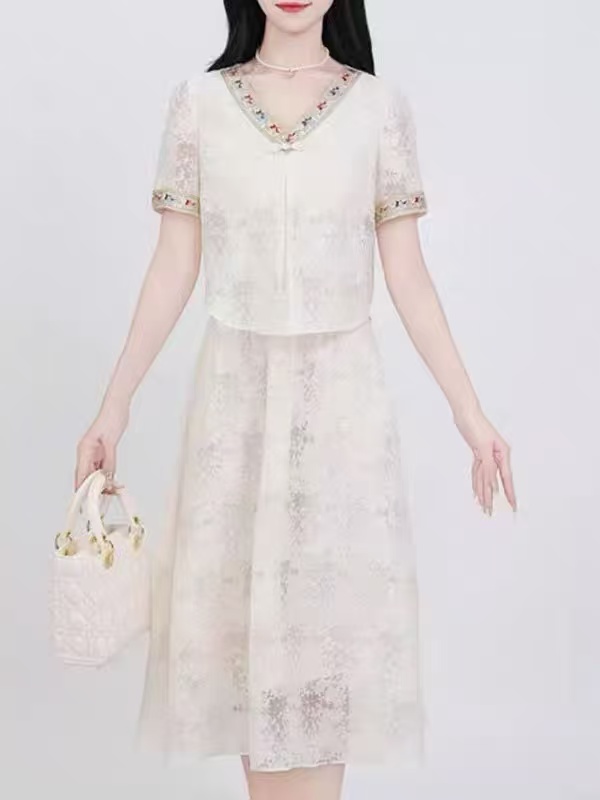 F210 时尚印花连衣裙女2025新款夏微胖身材遮肚子显瘦拼接连衣裙