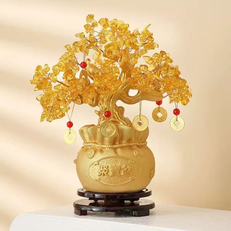 D黄水晶摇钱发财树招财摆件前台乔迁客厅电视柜新年装饰新居酒柜