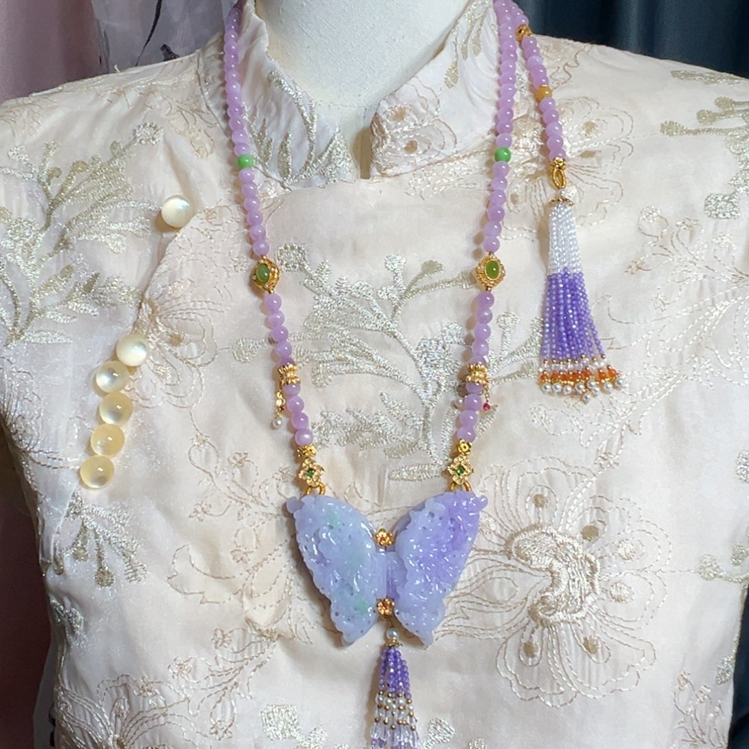 翡翠未镶嵌毛衣链冰紫蝴蝶凤凰