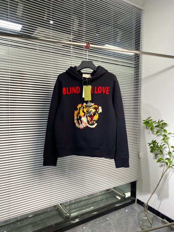 99新 GUCCI/古驰 连帽卫衣 帽衫 虎头刺绣logo 黑色 M码 ko2066