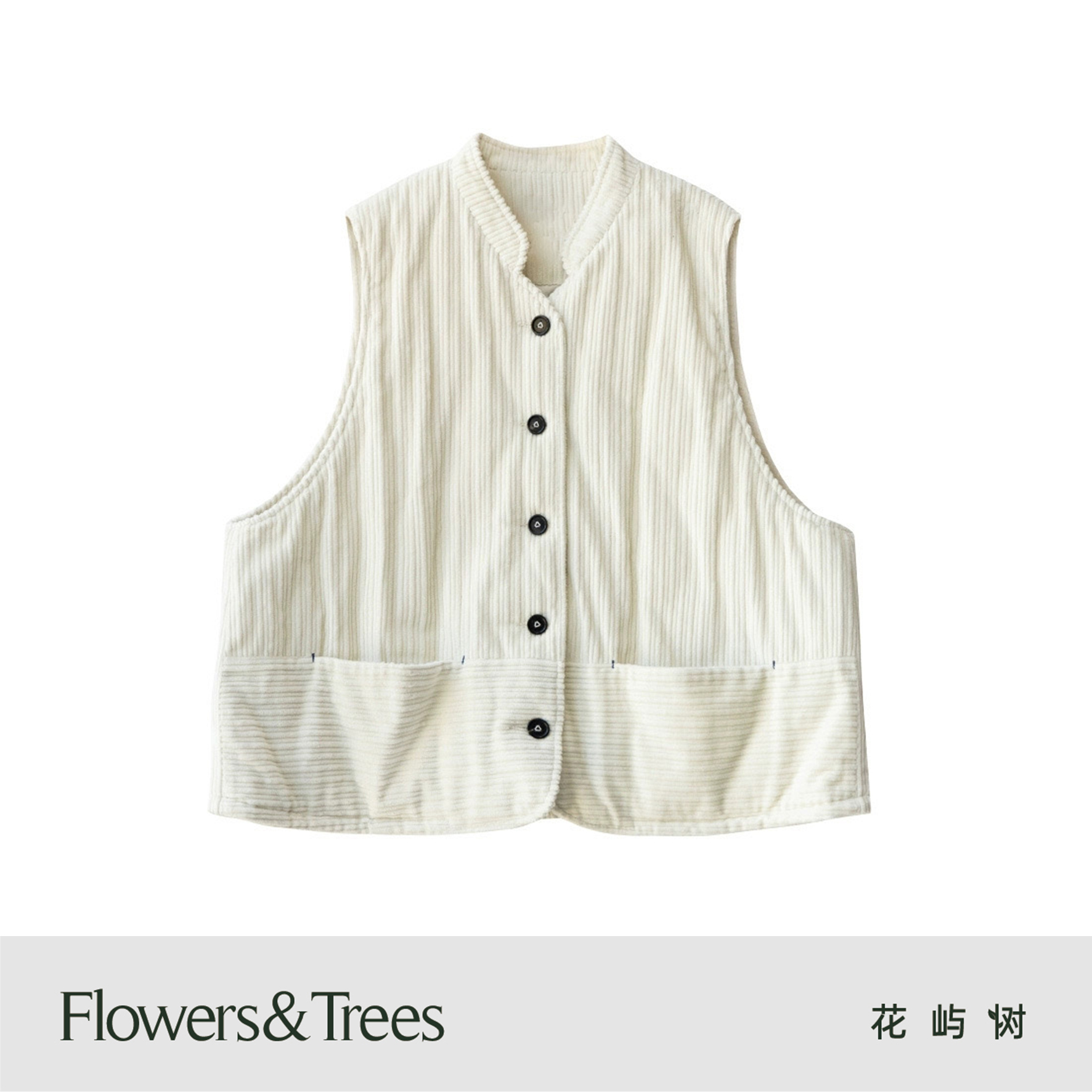 立领棉服背心，竖条白色秋冬文艺夹棉短款灯芯绒马甲，叠穿开衫。