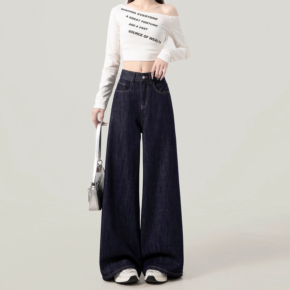 【现货+运费险】秋冬丹宁蓝直筒阔腿牛仔设计感直筒阔腿裤复古宽松