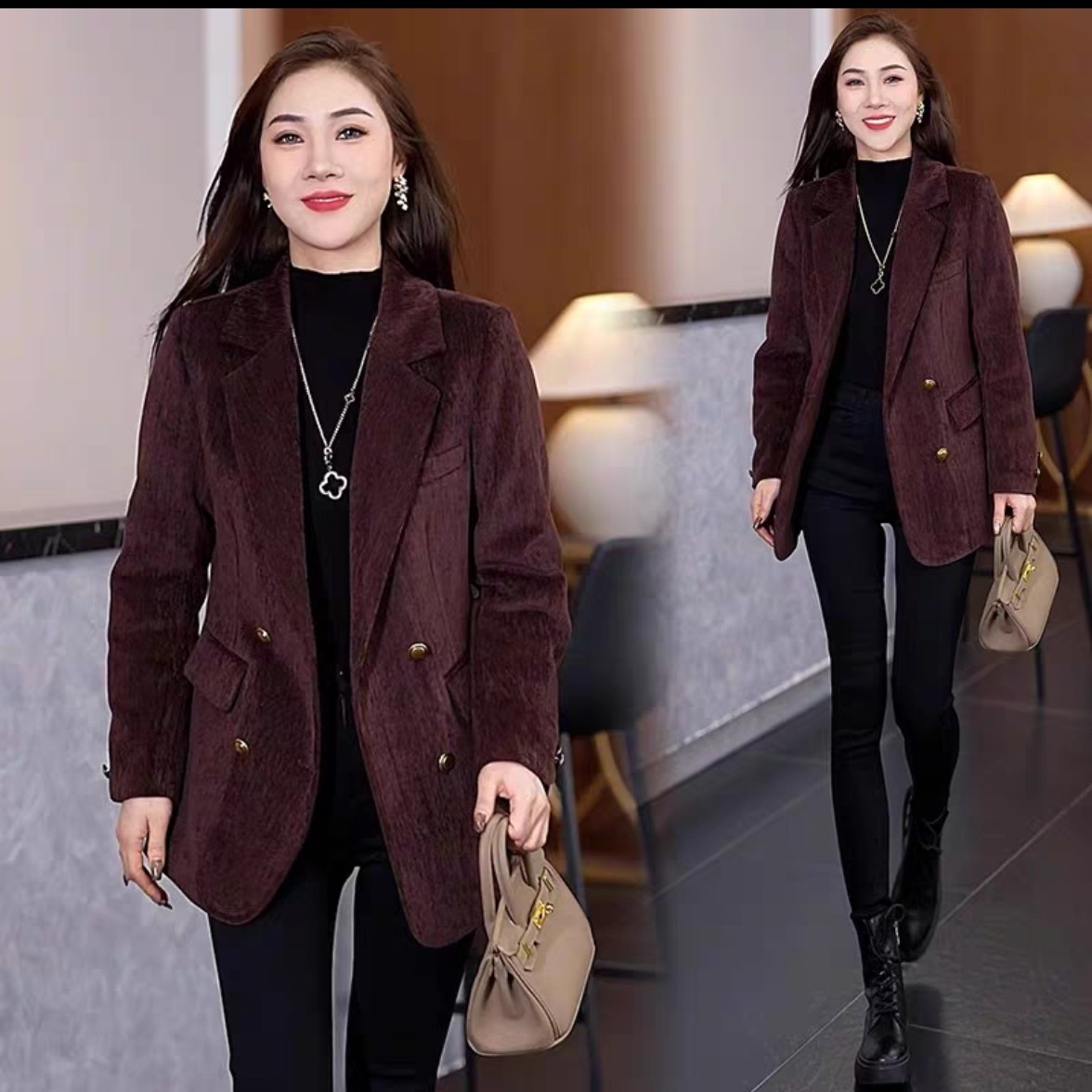 时尚西装毛呢外套2025秋季新款宽松显瘦洋气质西服上衣079