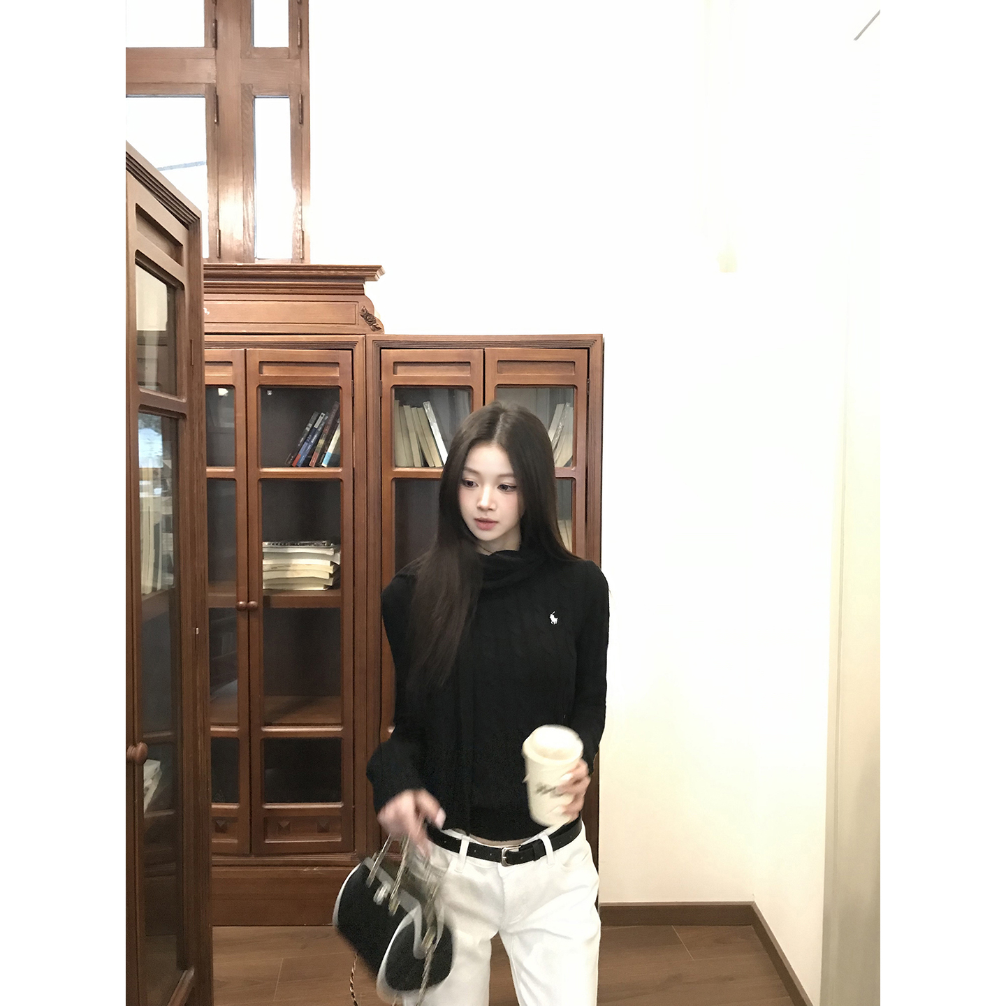 【HRG】秋冬韩版百搭设计感纯色带围巾保暖针织衫2872