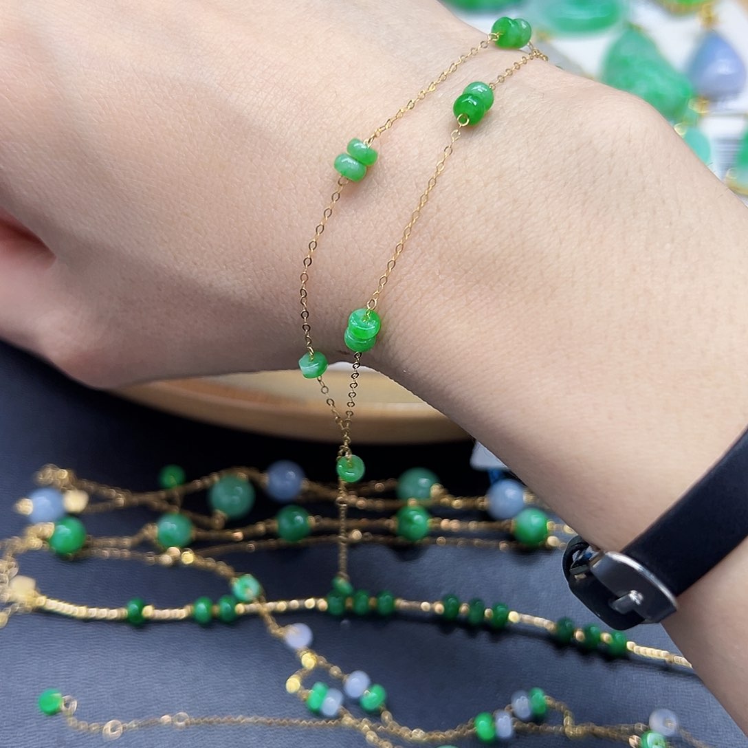 翡翠手链18K金镶嵌天然缅料A货一件