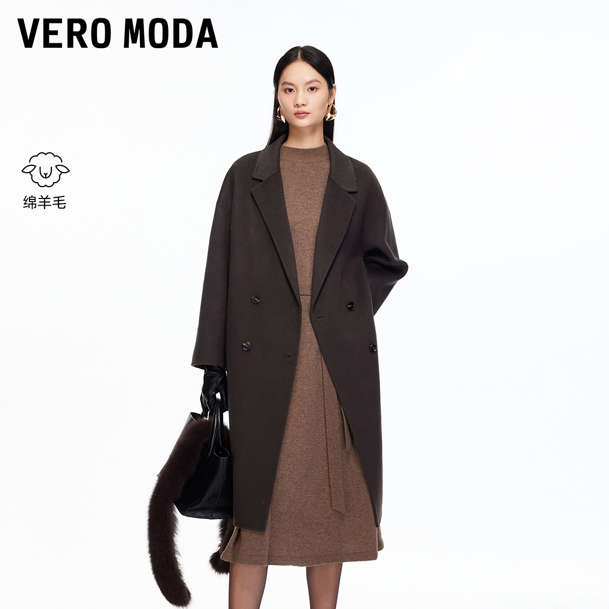 Vero Moda毛呢大衣2025冬季新款翻领纯绵羊毛中长款大衣高级感女