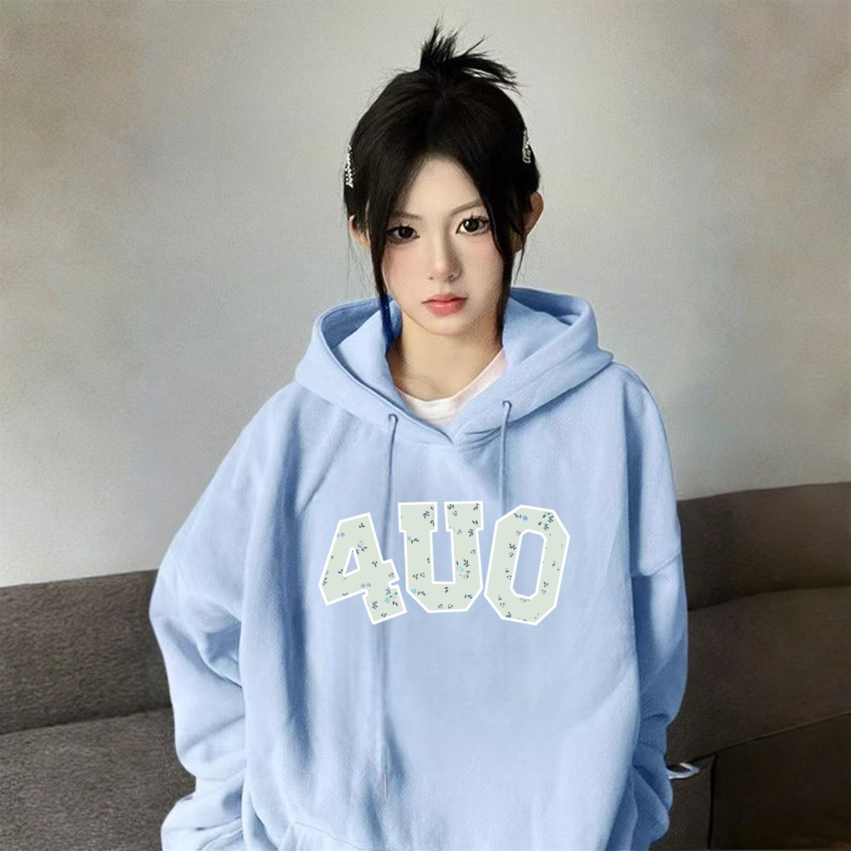 连帽卫衣宽松加绒加厚长袖圆领慵懒风韩版设计感韩版秋冬时尚蓝色