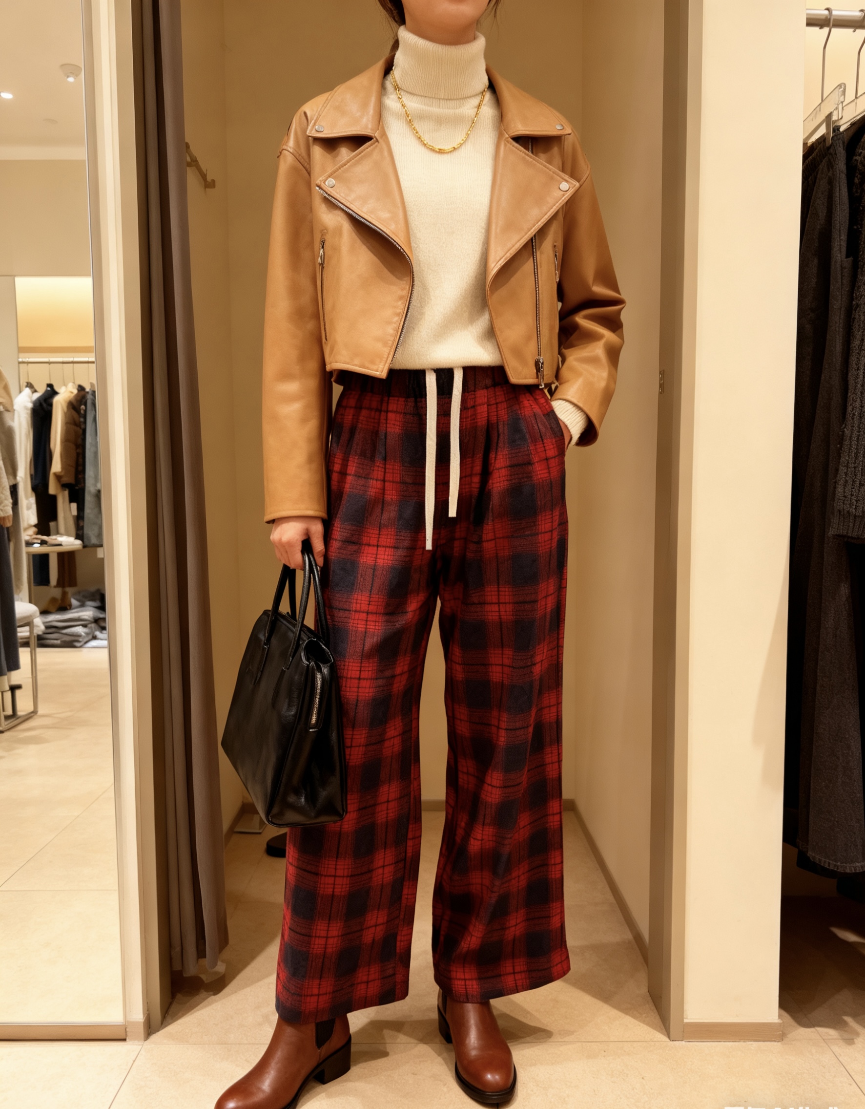 981-2025爆款复古红格子阔腿裤秋冬高腰显瘦垂感美式慵懒（巨显瘦）