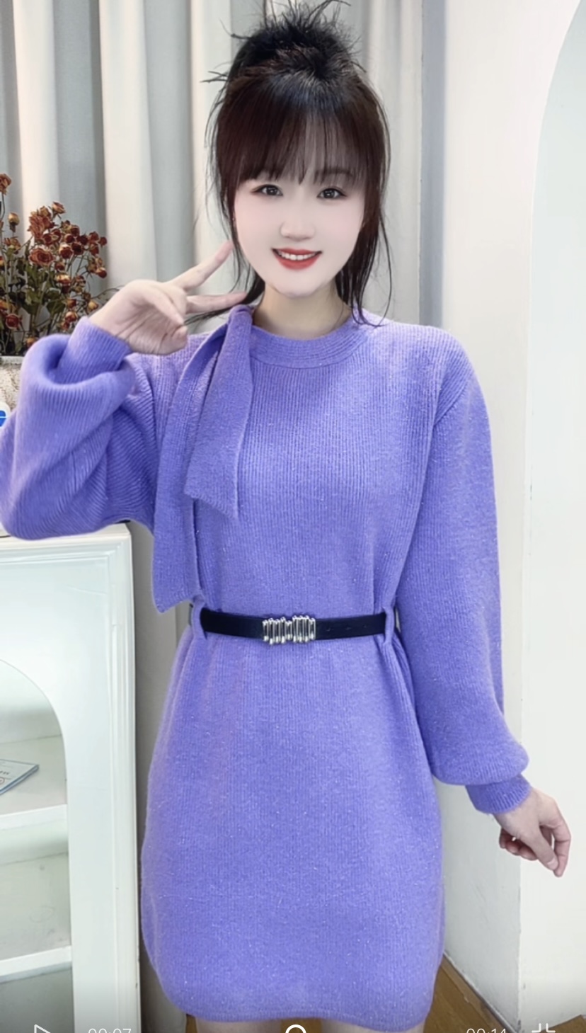 2025冬季新款时尚气质甜美风领口飘带设计针织内搭裙