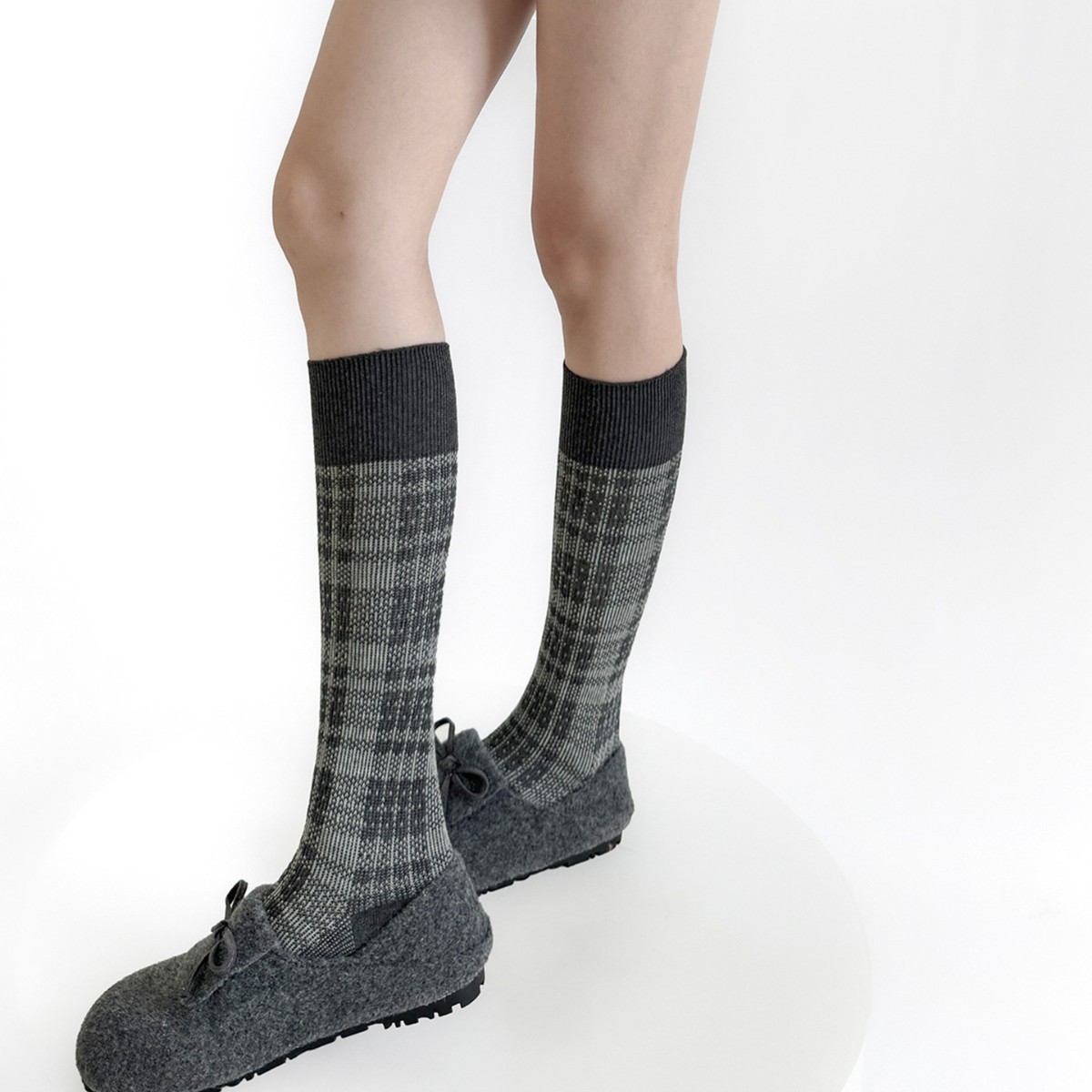 【汐汐专属】秋冬棉质针织方格双针螺口防滑miu风中筒小腿袜灰色