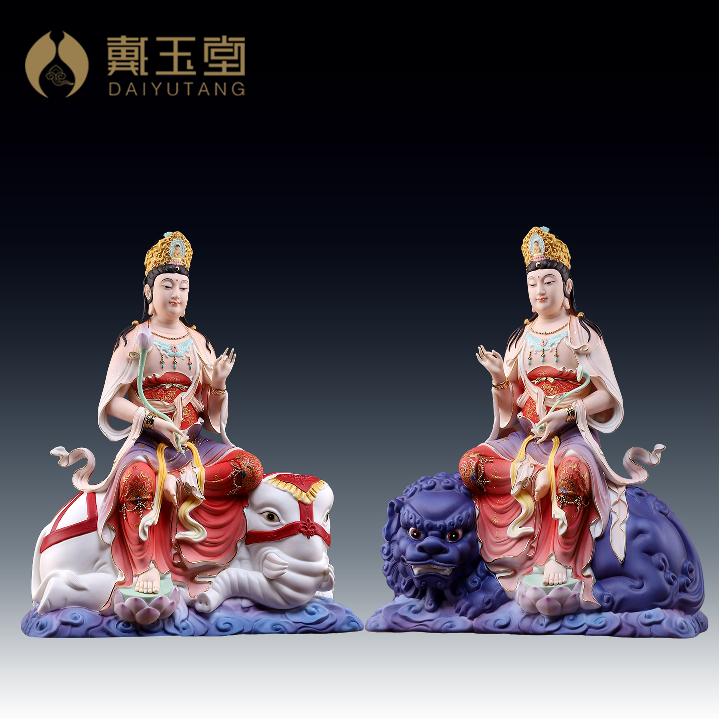 戴玉堂陶瓷文殊普贤摆件客厅华严三圣家用精品手绘摆件
