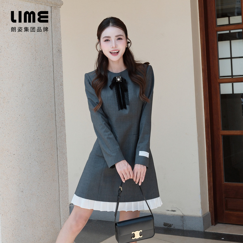 朗姿/莱茵【轻暖季】优雅减龄宫廷风梭织连衣裙深灰色LDGC8AWOP912