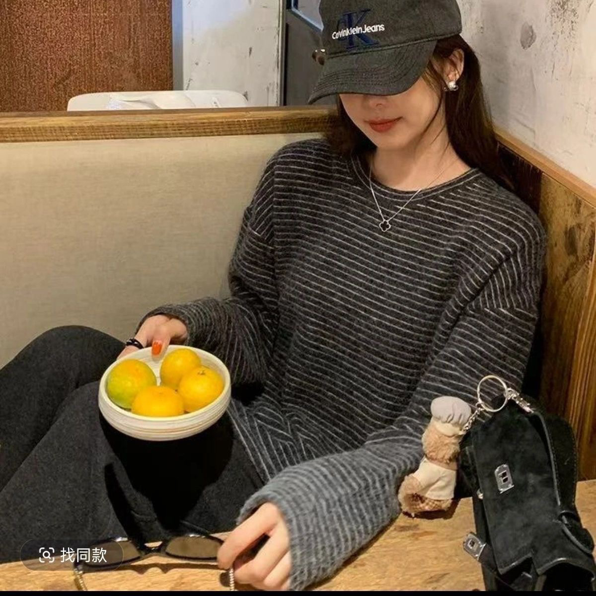 【现货24h】韩系慵懒风条纹加厚磨毛宽松长袖T恤女装