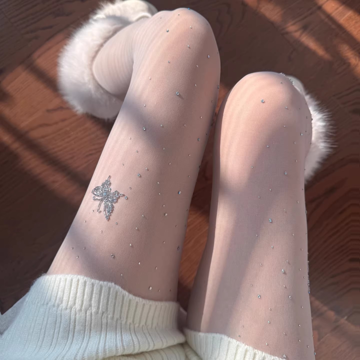 甜美蝴蝶钻白色丝袜bling闪钻少女防勾丝任意剪连裤袜洛丽塔黑丝