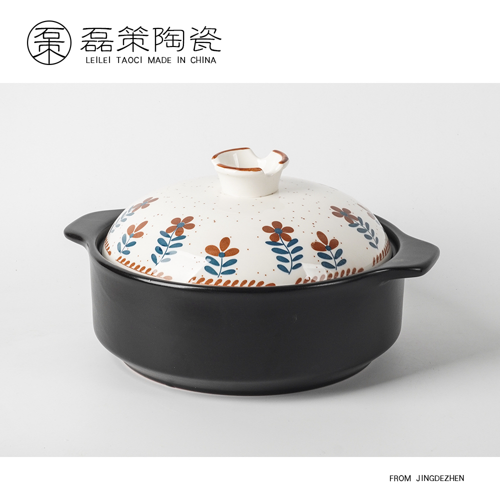 大号5升花朵带盖砂锅家用汤炖锅陶瓷煲粥锅燃气高温干烧不裂 
