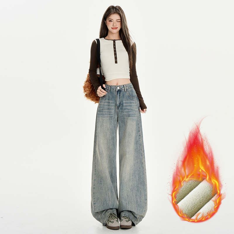 【偶句】美式阔腿牛仔裤女秋冬加绒九分窄版直筒长裤裤子女